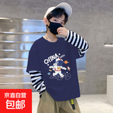 男童t恤儿童春装长袖2025新款男孩假两件帅气时髦衣服中大童上衣 G2091藏青色 140