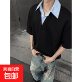 假两件衬衫领短袖t恤男夏季潮牌高级感polo领痞帅宽松凉感半袖XH 黑色 XL