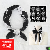 上海故事时尚方巾女夏季百搭母亲生日礼物条纹字母70CM仿真丝丝巾 CC（黑色） 70*70CM