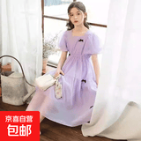 女童法式连衣裙夏季中大童蝴蝶结泡泡袖公主裙女孩洋气方领长裙子 紫色连衣裙 【楠楠A136】 130