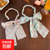 儿童碎花丝巾马尾绑发编发头箍发饰飘带发箍一体女童珍珠甜美发带 4#粉色雏菊+淡蓝色百合