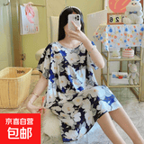 棉绸睡裙女夏薄款2025新款睡衣韩版甜美少女网红家居外穿裙子QM 藏青白牡丹2301 均码 (90-140斤内穿)