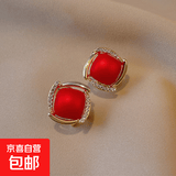 S925银针韩国东大门气质仙女风几何高级感珍珠耳饰女个性方形耳环 几何珍珠-红色