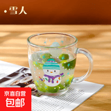 可爱家用玻璃杯早餐牛奶杯刻度把手杯卡通ins耐热水杯印花 雪人把手杯350ml