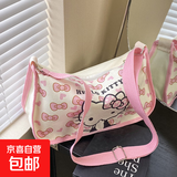 日系卡通帆布包新款ins小众大容量单肩马鞍学生上课包斜饺子外出 KT猫 粉色 小包