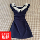 法式气质蕾丝小飞袖连衣裙子女装夏季2025新款小个子收腰A字短裙 藏蓝色 M /45/55kg