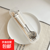 可爱小狗不锈钢筷子叉子勺子套装学生一人用便携吃饭调羹餐具家用 勺子+叉子+木筷子（透明盒）