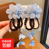 饰江南汉服头饰女儿童古风假发辫发夹超仙蝴蝶结花朵琉璃中国风公 云汐若蓝-1对