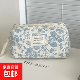蓝色海棠花化妆包复古洗漱包收纳包大容量手提包外出便携旅行包包 蓝色海棠花【八角包】