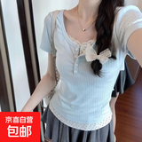 【美式纯欲】新款碎花假两件夏季辣妹风显瘦修身小众短袖T恤 蓝色 M 建议85-100斤