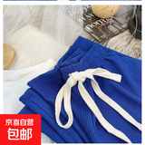 夏季少女直筒裤女夏垂坠感高腰修身拖地裤褶皱裤阔腿裤女百搭长裤 蓝色 均码 加大版