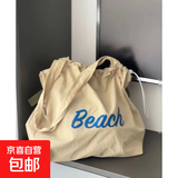 【网红爆款】大容量精致日系甜美抽绳手提包托特包通勤字母帆布包 爆款卡其色 大包