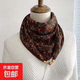 磁吸扣棉麻方巾围巾女护颈丝巾秋冬保暖百搭领巾懒人围脖小金球 咖色小花 68*68cm