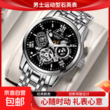 自动机芯指针式高档商务休闲夜光防水手表男款镂空非机械表 【日历款】钢带黑面