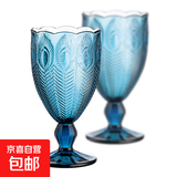 复古中古风高脚杯果酒杯红酒杯玻璃杯子创意鸡尾酒杯微醺小酒杯 雀翎高脚杯【墨蓝】 330ml 2只