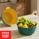 双层塑料洗菜盆沥水篮子厨房神器多功能客厅家用水果盘洗水果菜篮 青黄色（专享） 1个