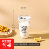 可爱小狗小猫印字双饮口玻璃杯玻璃吸管杯带盖防摔耐高温杯子 蓝色小狗印字一套 480ml 1只