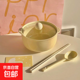 蝴蝶结陶瓷泡面碗带盖餐具少女心卡通可爱碗盘套装学生专用饭碗 奶黄色-带盖泡面碗+勺子+筷子