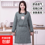 可爱印花猫咪图案拉链大口袋棉布格子罩衣防油防污 耐脏棉布猫咪罩衣-绿色