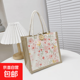 亚麻手提包包女2025新款日系少女小拎袋高颜值外出百搭ins便当袋 甜美粉