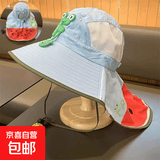 大帽檐儿童防晒帽夏季宝宝帽子遮阳帽男童女童渔夫帽太阳帽披肩帽 儿童披肩帽-字母F浅蓝