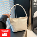 韩国手提手提包尼龙2025时尚百搭新款刺绣腋下包百搭单肩水桶 白色 中包
