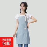 卡慕乐围裙家用工作时尚条纹棉麻围裙家用工作服 厨房罩衣 蓝色 均码