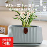 盆生花道长方形陶瓷花盆ins风简约高颜值室内绿植盆栽奶油风家用 长竖纹哑浅军校蓝(配陶瓷托盘) 无规格