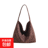 外贸夏季新款复古百搭通勤托特包包女毛呢大容量腋下单肩手提包潮 豹纹咖色