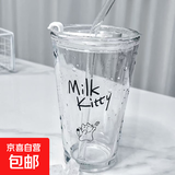 可爱小狗小猫印字双饮口玻璃杯玻璃吸管杯带盖防摔耐高温杯子 可爱小猫印花一套 480ml 1只