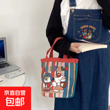 可爱涂鸦水桶包ins印花圆筒包帆布便当袋韩风少女手拎饭盒妈咪包 小猫小狗棒球