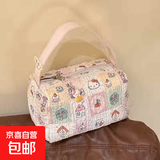 2025新款卡通猫咪便捷化妆洗漱包外出旅行收纳包大容量立体手提包 粉色 格子猫咪枕头包