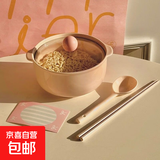 蝴蝶结陶瓷泡面碗带盖餐具少女心卡通可爱碗盘套装学生专用饭碗 粉色-三件套