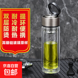 【京东物流】高硼硅双层玻璃杯大容量泡茶杯耐高温加厚水杯茶杯 隐形提环银色玻璃杯 300ml 1只