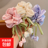 韩系儿童郁金香花朵大肠发圈女童高级感气质飘带头绳甜美女孩发饰 粉+紫+白（3个装）