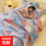 三层纱布毛毯空调小被子办公室盖腿午睡沙发毯子盖毯毛巾被三件套 花朝时节 150*200cm