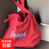 【网红爆款】大容量精致日系甜美抽绳手提包托特包通勤字母帆布包 爆款红色 大包