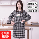 可爱印花猫咪图案拉链大口袋棉布格子罩衣防油防污 耐脏棉布猫咪罩衣-黑色