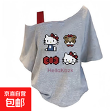 斜肩KT猫短袖t恤女2025新款夏季宽松休闲学生网红风韩系露肩上衣 灰色-斜肩像素KT猫 L