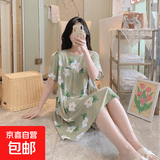 棉绸睡裙女夏薄款2025新款睡衣韩版甜美少女网红家居外穿裙子QM 绿底小花2301 均码 (90-140斤内穿)