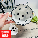 少女心草莓双耳碗勺汤碗沙拉碗饭碗家用碗高颜值年轻人釉下彩餐具 波点双耳碗（1碗1勺）