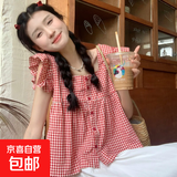黑白格子锁骨方领衬衫女夏设计感小众甜美荷叶边娃娃衫小飞袖上衣 红色 均码 建议85-135斤