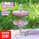 多图案ins风水杯户外夏天吸管玻璃杯泡茶杯泡茶杯带盖大容量杯子 粉红色1个