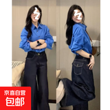 2025新款港风克莱因蓝色衬衫春秋法式超显白上衣高级感叠穿衬衣女 克莱因蓝色 -重磅纯棉 508 L