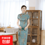新中式水墨画改良日常可穿旗袍年轻款少女款短袖修身长款连衣裙 墨黛绿 XL （115-125斤）