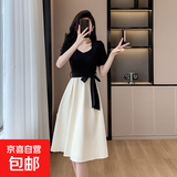 小香风黑色拼接假两件连衣裙子女夏季2026新款别致绝美赫本小黑裙 长款 L 【53-59kg】