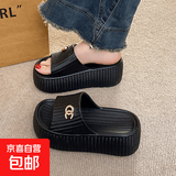 凉拖鞋女夏外穿2026新款厚底沙滩凉鞋网红女士休闲懒人时尚一字拖 黑色 39-40