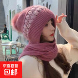 2025新款韩版百搭冬季毛线帽子围巾一体针织保暖帽 深粉色【麻花围巾帽子一体】 均码（M54-58）
