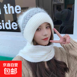 2025新款韩版百搭冬季毛线帽子围巾一体针织保暖帽 白色【麻花围巾帽子一体】 均码（M54-58）