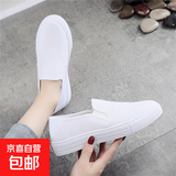 春夏季一脚蹬帆布小白鞋女防滑学生厚底懒人鞋老北京布鞋女护士鞋 白色 单层 【181】 37